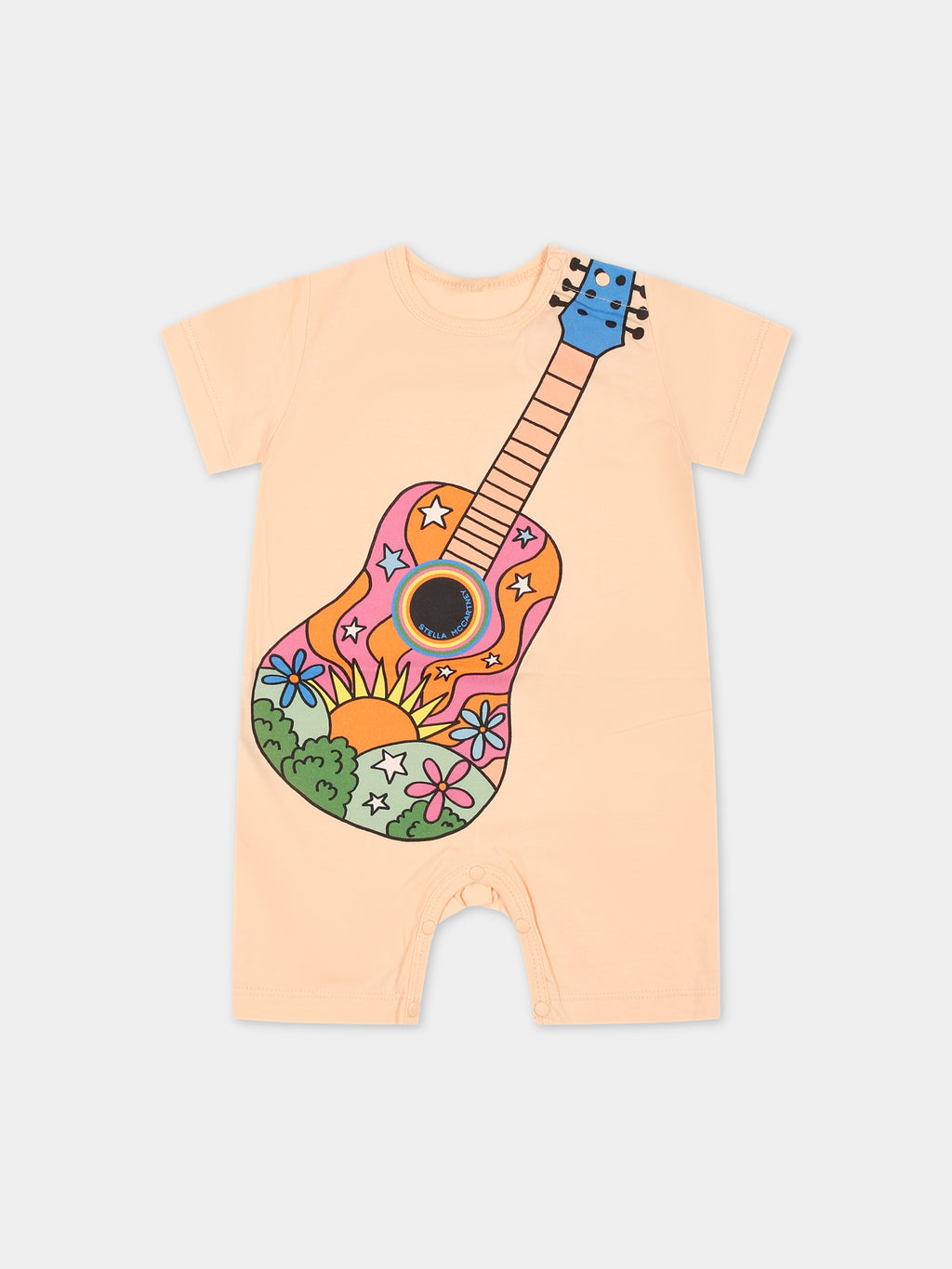 Pagliaccetto rosa per neonata con chitarra e logo